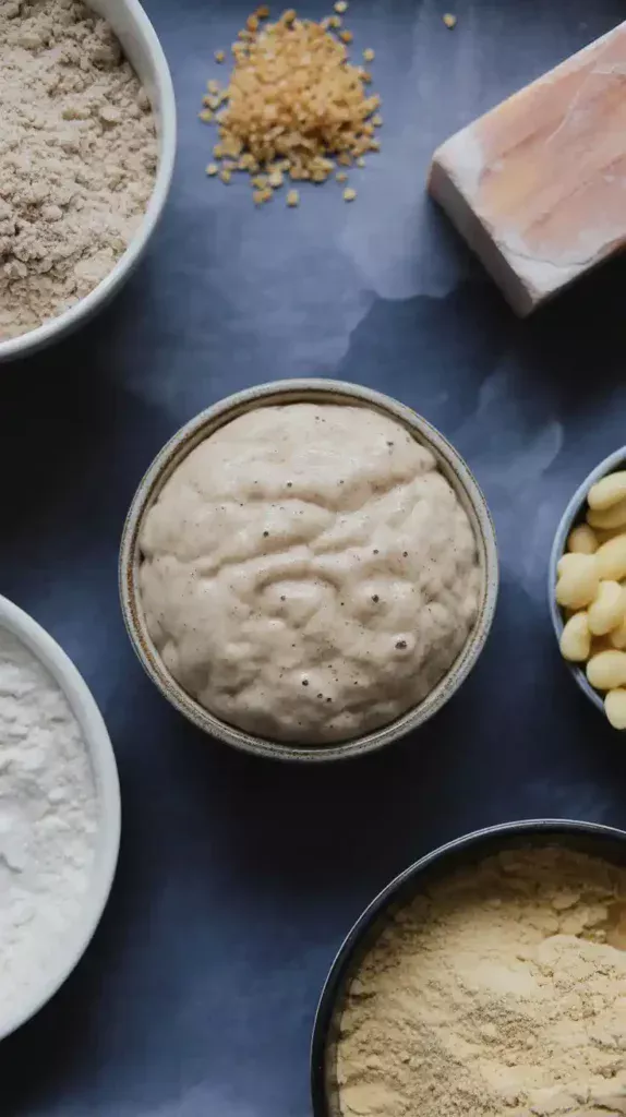 A flat lay of the ingredients for gluten-free sourdough bread, including various flours, psyllium husk, and a starter.