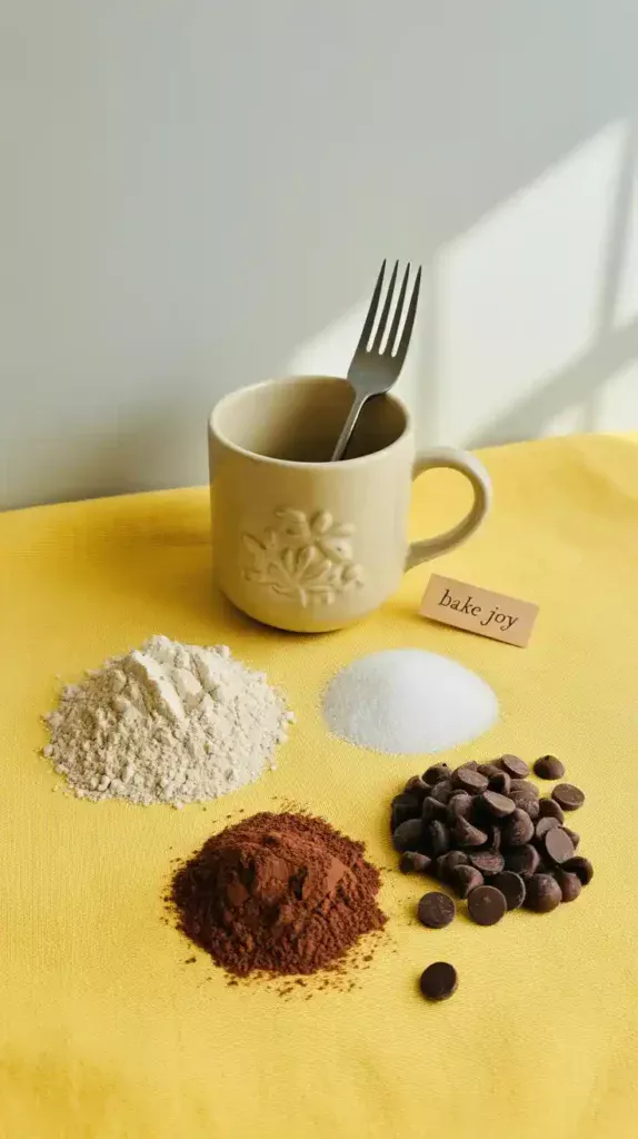 A flat lay collage showing the simple ingredients for a microwave brownie: a mug, a fork, flour, sugar, cocoa powder, and chocolate chips.