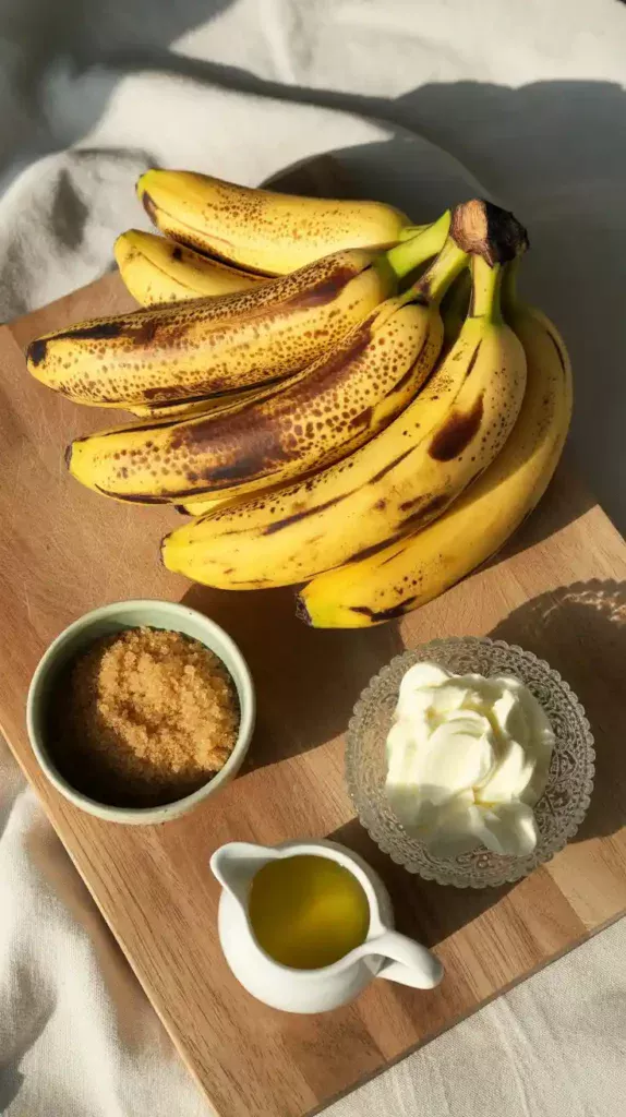A flat lay collage showing the key ingredients for moist banana bread: very overripe bananas, brown sugar, sour cream, and melted butter.
