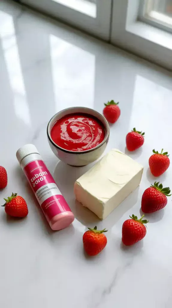 A flat lay collage showing the key ingredients for a fresh strawberry pink cake: strawberry purée, cream cheese, and pink food coloring.