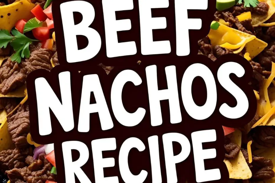 Tray of loaded beef nachos with melted cheese, jalapeños, olives, and cilantro