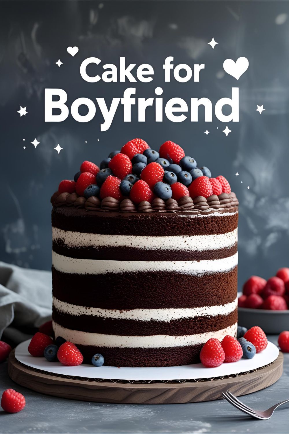 Layered chocolate cake with cream cheese filling and fresh berries