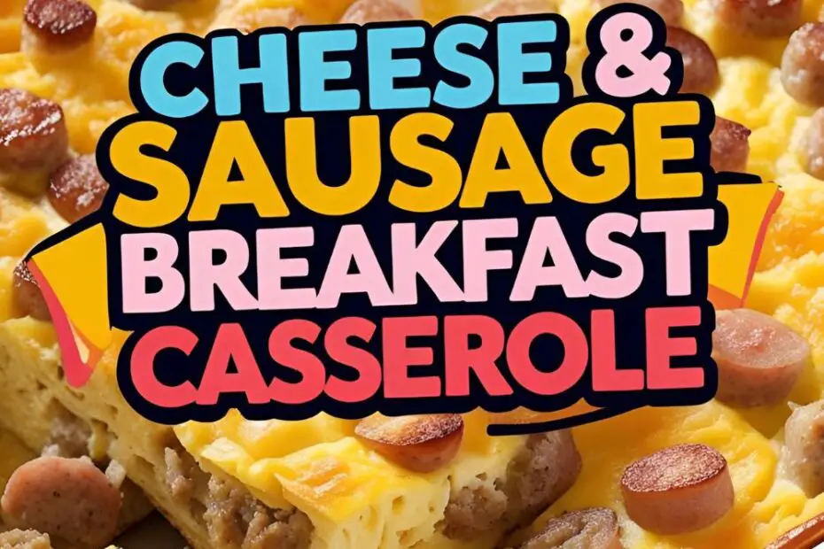 Baked cheese and sausage breakfast casserole in a baking dish