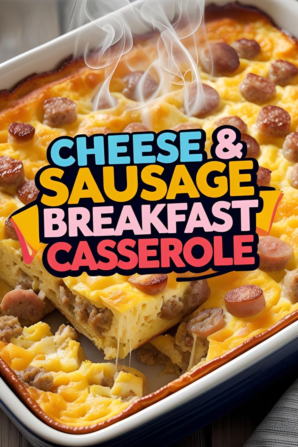 Baked cheese and sausage breakfast casserole in a baking dish