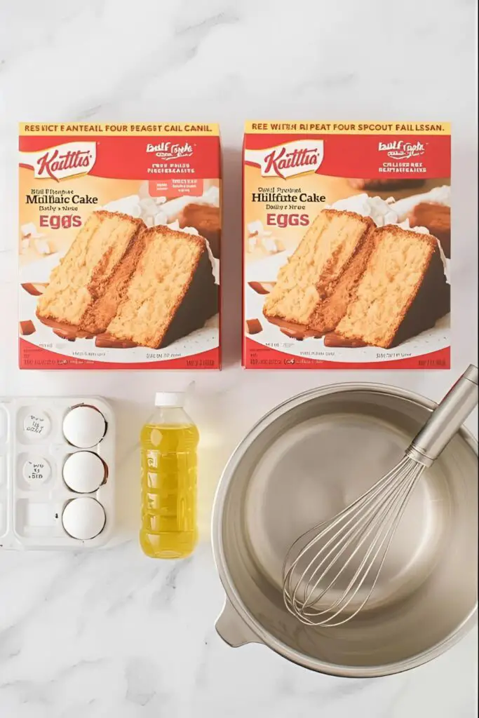 A flat lay of ingredients for a 12-inch cake, showing two cake mix boxes, a 12-inch pan, eggs, and oil.