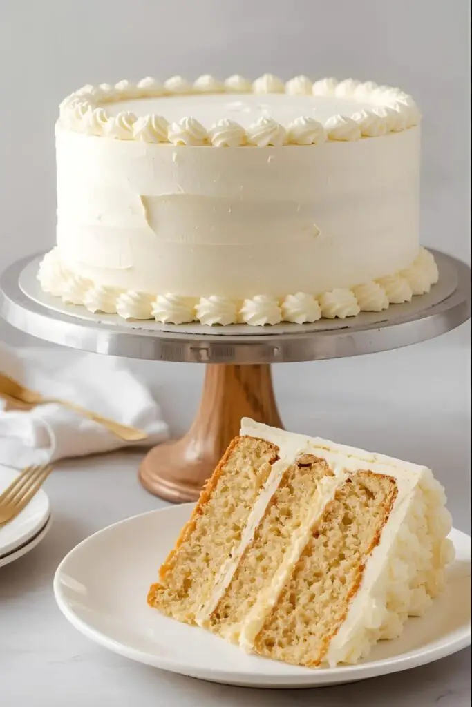 A beautifully decorated 12-inch round cake next to a close-up of a single slice showing its height.