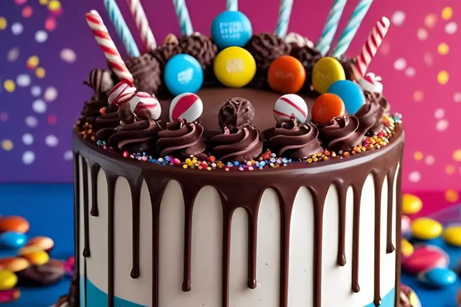 A tall, exciting chocolate drip cake covered in candy with the text overlay "The Ultimate 19th Birthday Cake."