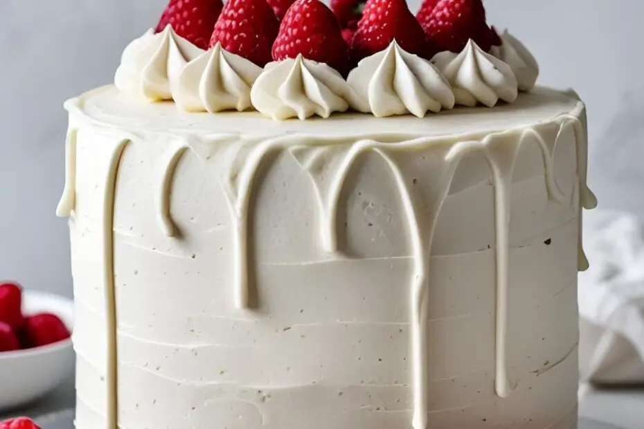 A beautiful three-layer champagne cake decorated with fresh raspberries, with the text overlay "The Perfect 26th Birthday Cake."