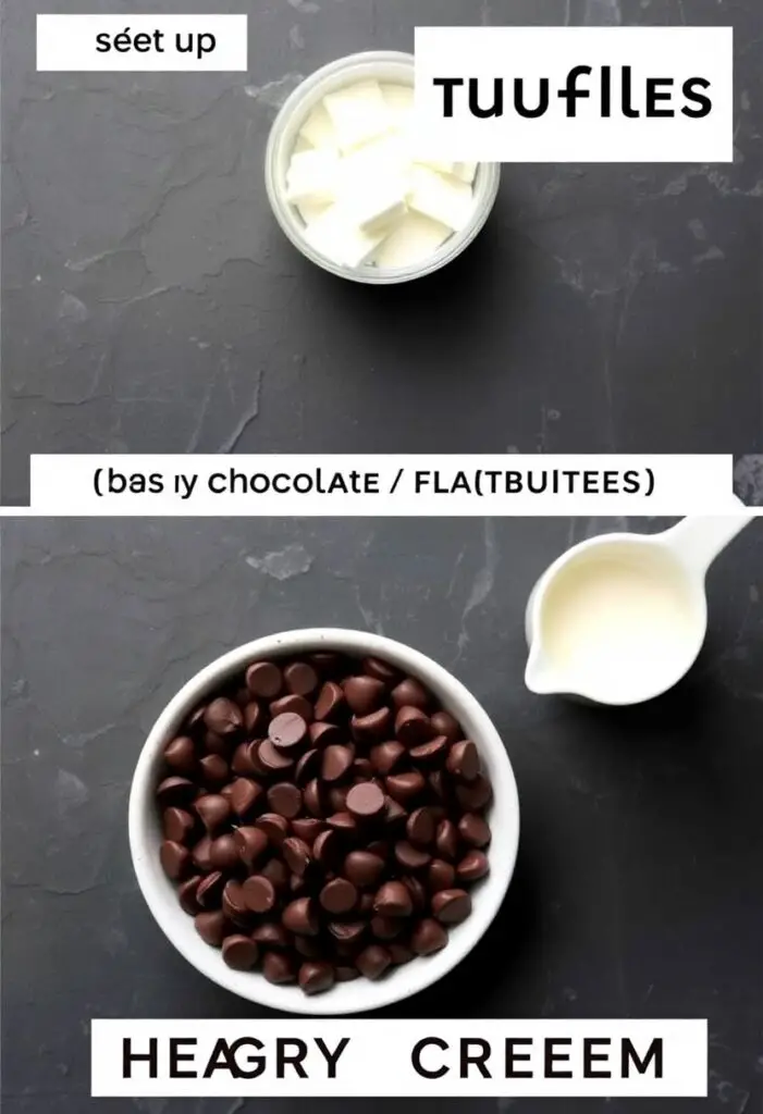  A minimalist flat lay collage of the two ingredients for easy chocolate truffles: a bowl of high-quality dark chocolate chips and a small pitcher of heavy cream on a dark slate background.