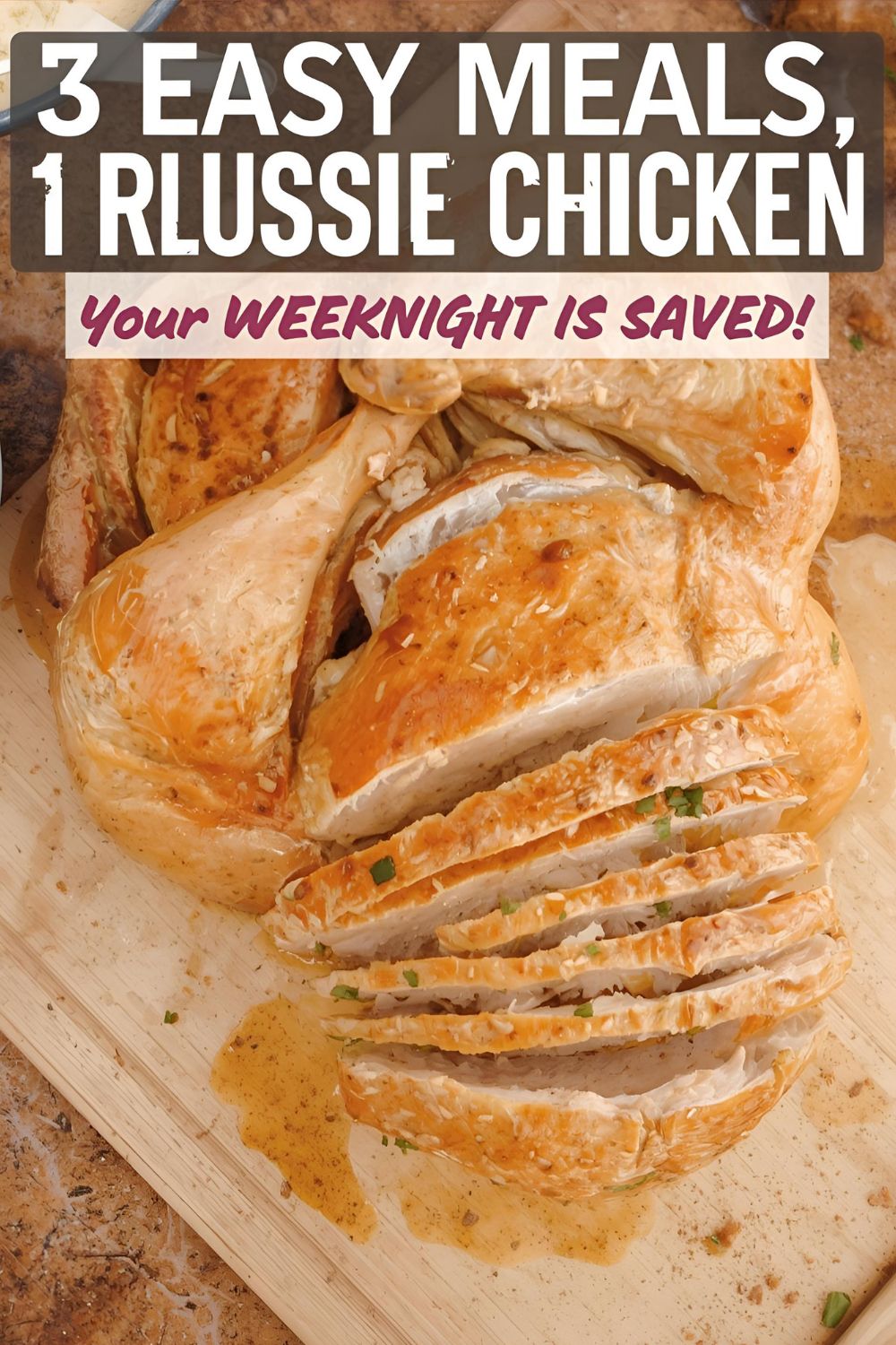 A beautiful rotisserie chicken with the text "3 Easy Meals, 1 Chicken."