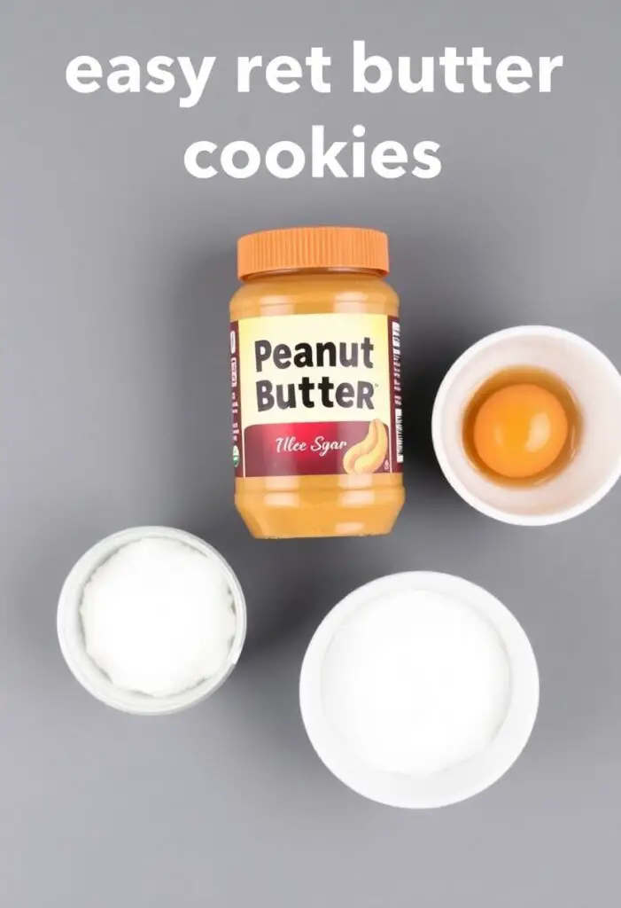 A minimalist flat lay collage of the three ingredients for easy peanut butter cookies: a jar of creamy peanut butter, a bowl of sugar, and a single brown egg.