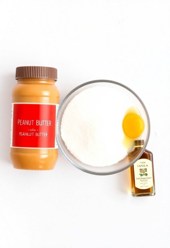A minimalist flat lay collage of the four ingredients for easy peanut butter cookies: a jar of peanut butter, a bowl of sugar, a single egg, and a bottle of vanilla extract.