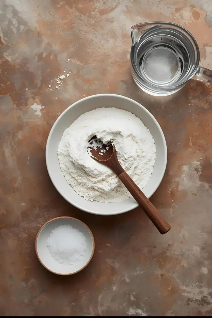 A flat lay of ingredients for Puerto Rican arepas: masa harina, water, and salt.