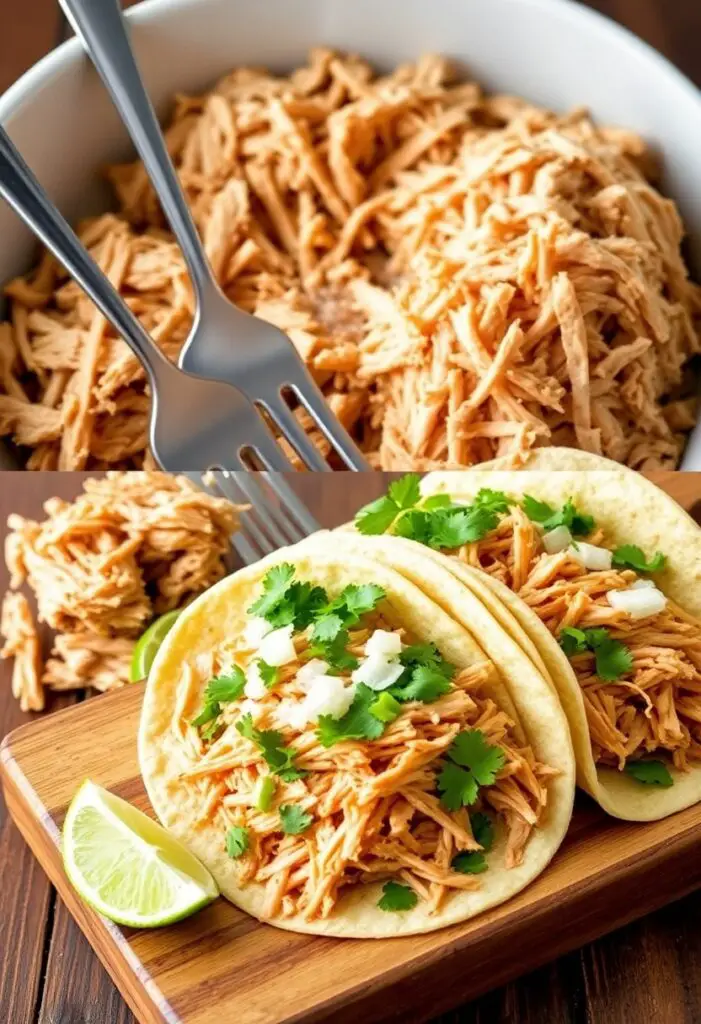  A close-up of juicy, shredded chicken, next to a photo showing the chicken being used in tacos.