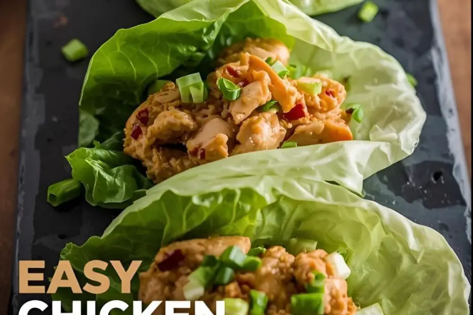 Three delicious homemade chicken lettuce wraps on a platter, with the text overlay "Easy Chicken Lettuce Wraps."