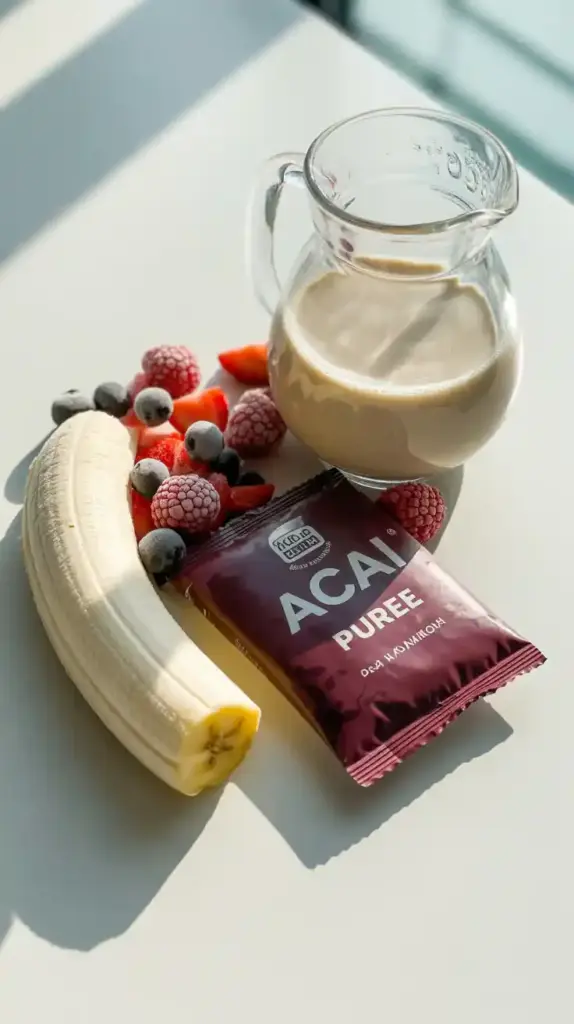 The essential ingredients for making a thick acai bowl at home: a frozen acai packet, a frozen banana, and frozen berries.