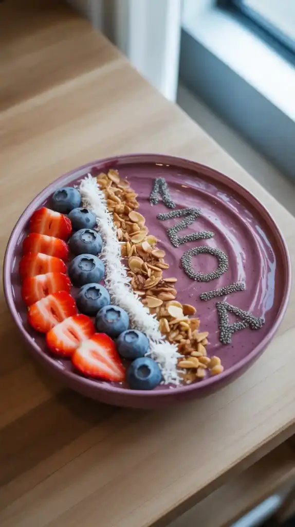 A full, top-down view of a finished acai bowl, loaded with a colorful and delicious assortment of healthy toppings.