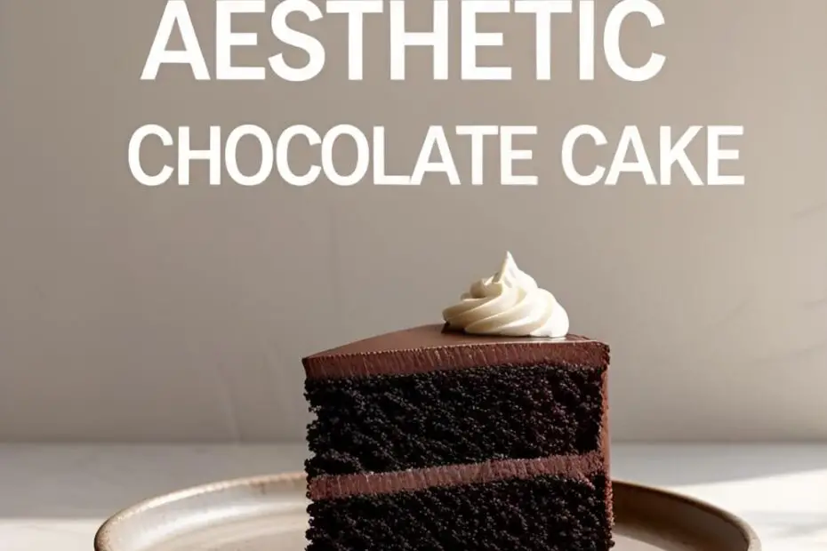 A slice of aesthetic chocolate cake with dark ganache on a plate with text overlay reading "Aesthetic Chocolate Cake."