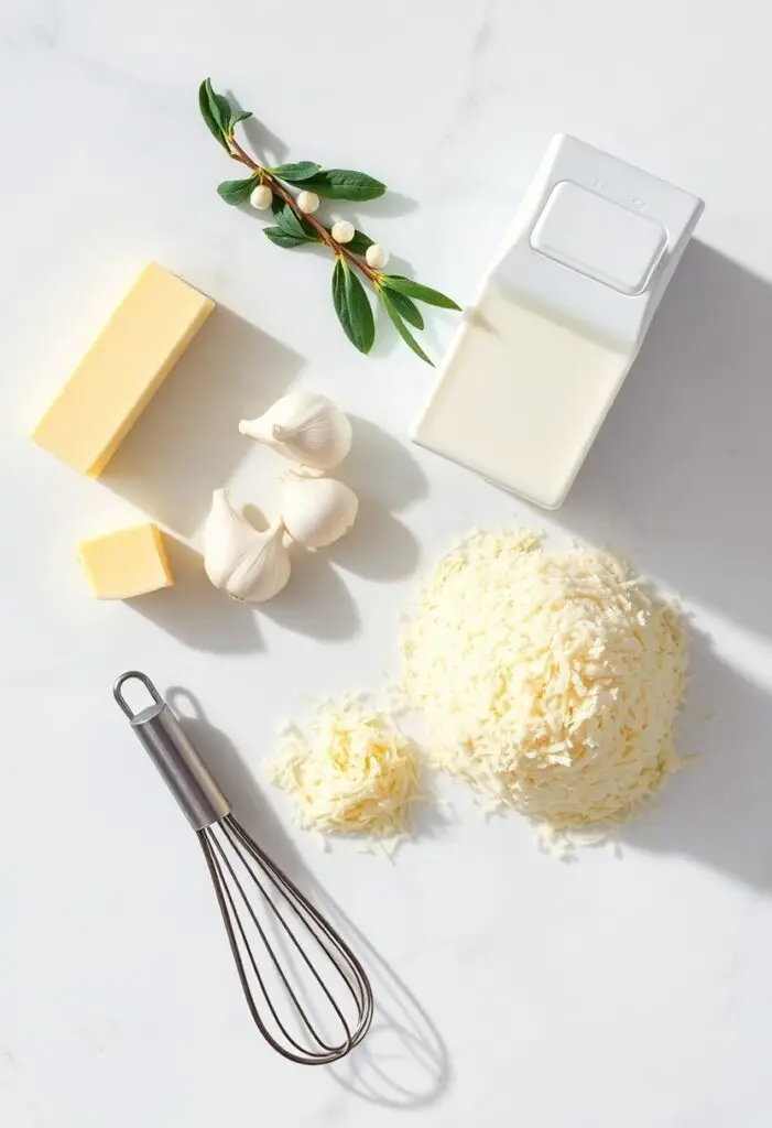 A clean flat lay of ingredients for Alfredo sauce: butter, garlic cloves, heavy cream, and freshly grated Parmesan cheese on a light surface.