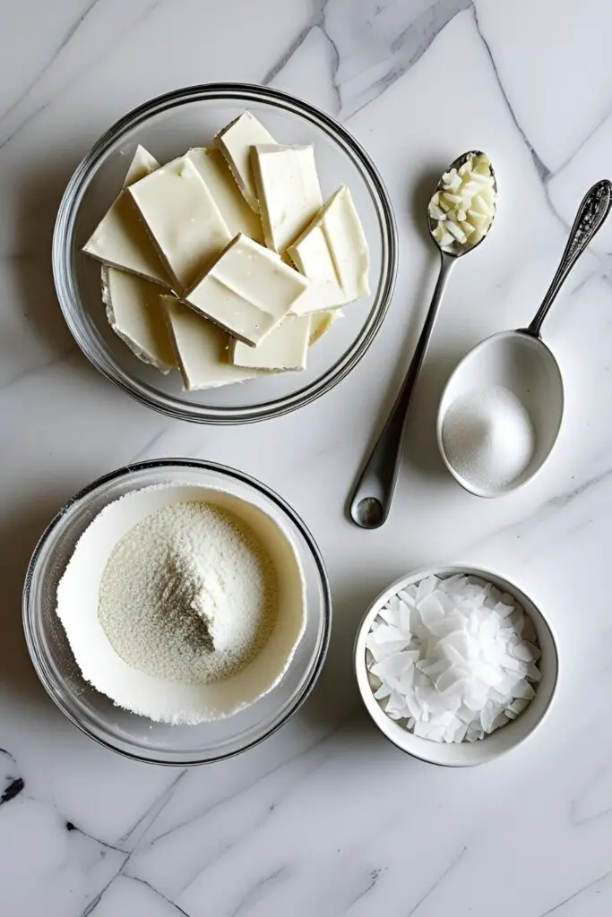 A flat lay of ingredients for thinning almond bark: a block of white almond bark, a container of solid shortening, and a small bowl of paramount crystals.