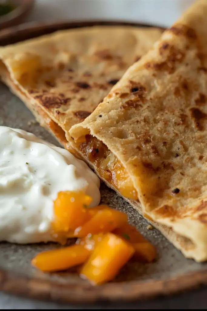 Close-up of a delicious, golden-brown aloo paratha with visible potato filling, served with yogurt and pickle.