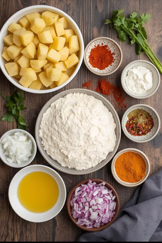  Aloo paratha ingredients collage: potatoes, flour, spices, onion, cilantro, and ghee in separate bowls.