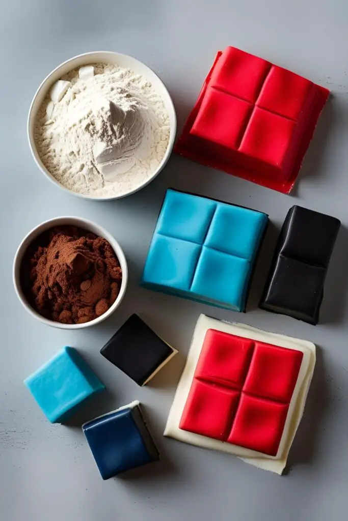 A flat lay of ingredients needed for an Among Us cake, including flour, cocoa powder, and colorful blocks of fondant.