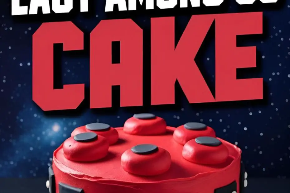 A finished red Among Us crewmate cake with the text overlay "Suspiciously Easy Among Us Cake."