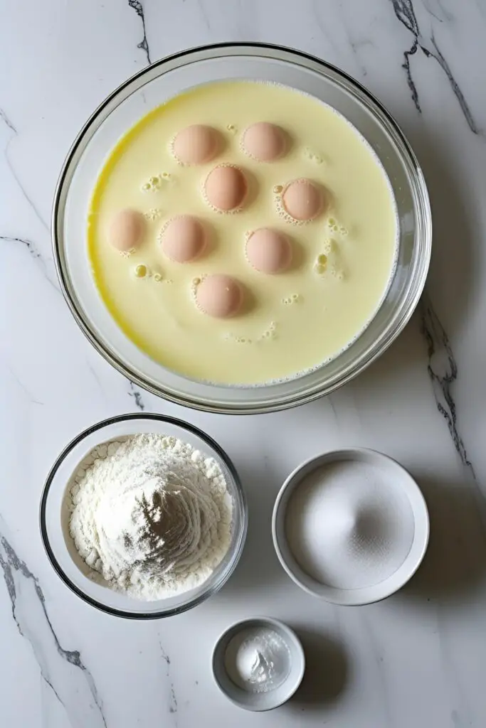 The key ingredients for making a perfect angel food cake, including a large bowl of egg whites and a bowl of cake flour.