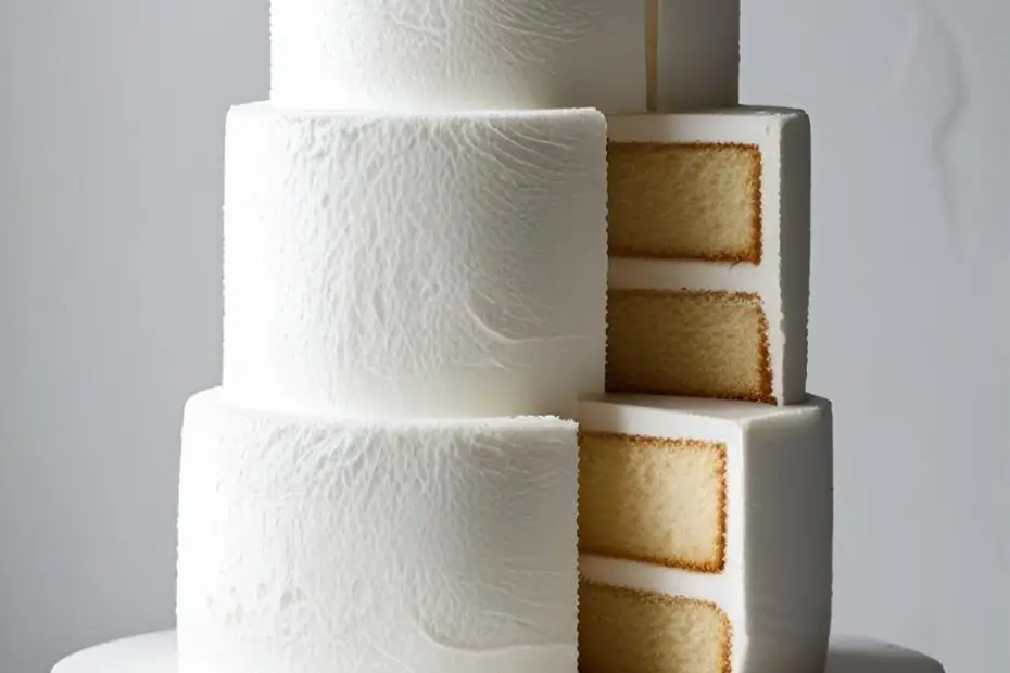 A stunning, tall, homemade angel food cake on a white pedestal, with a perfect slice removed to show the airy interior.