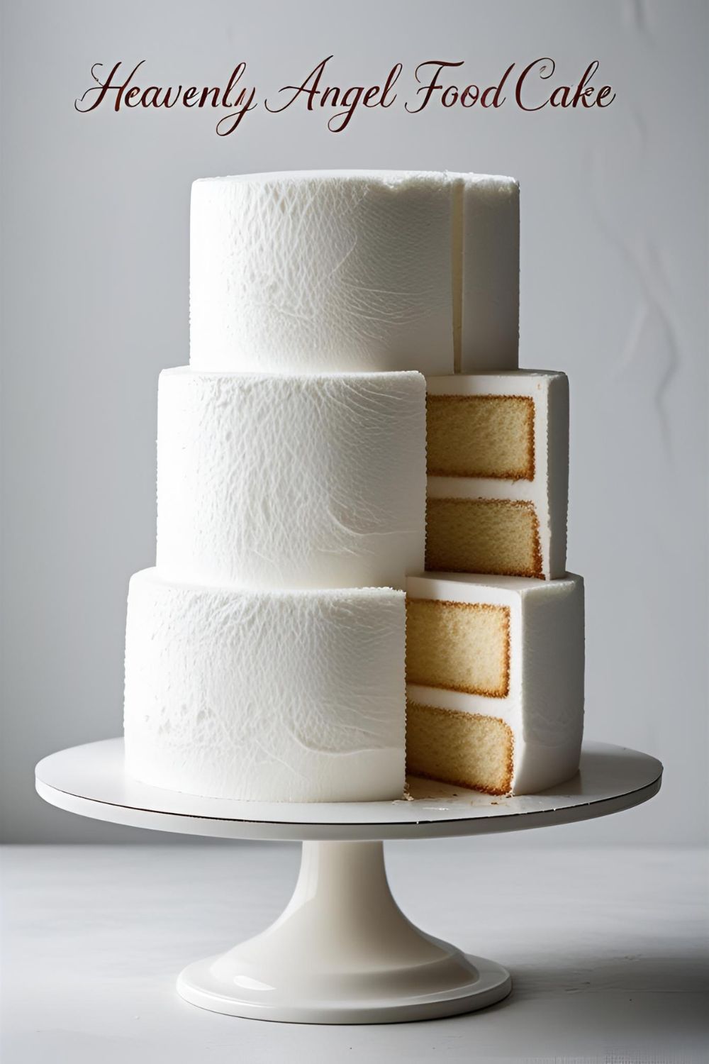 A stunning, tall, homemade angel food cake on a white pedestal, with a perfect slice removed to show the airy interior.