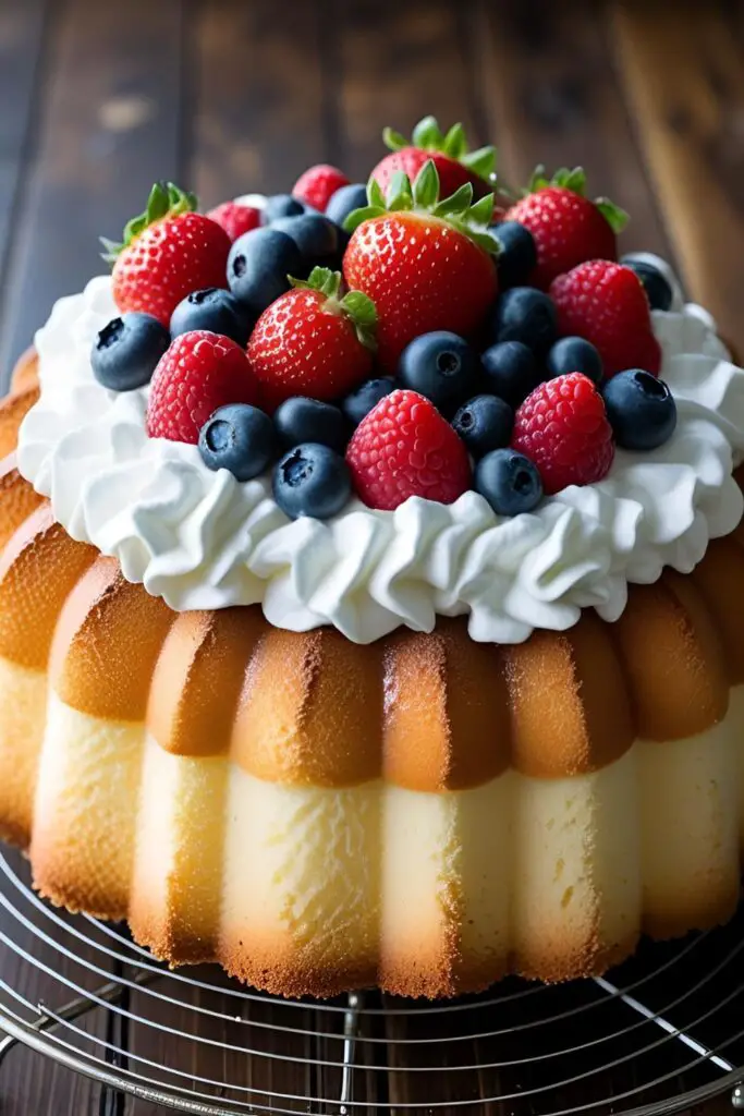 A full view of a beautiful homemade angel food cake, generously topped with fresh whipped cream and a colorful assortment of mixed berries.