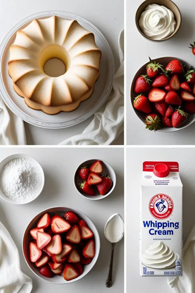 A clean, vibrant flat lay photo collage on a light, airy background. One panel shows a whole store-bought angel food cake. Another panel shows a beautiful bowl of freshly sliced, juicy red strawberries. The third panel shows a carton of heavy whipping cream, a bowl of powdered sugar, and a bottle of vanilla.

