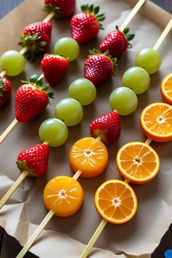 A variety of colorful fruit tanghulu, including strawberry, grape, and orange, displayed on parchment paper.