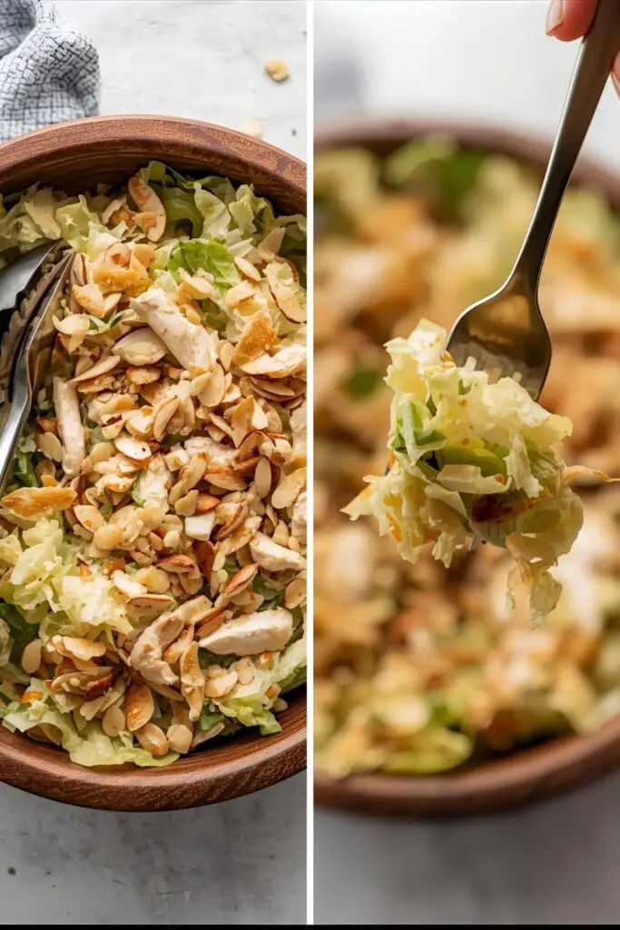 A close-up of the Asian chicken salad showing all the textures, next to a full serving in a large bowl with tongs.