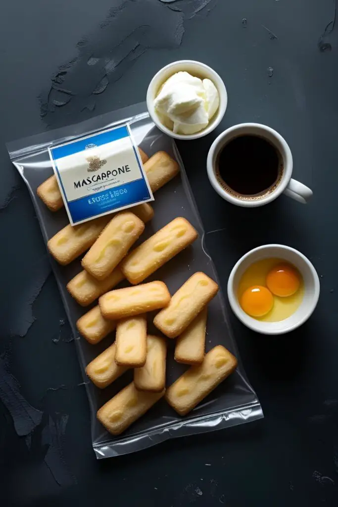 The key ingredients for an authentic tiramisu recipe: Savoiardi ladyfingers, mascarpone cheese, egg yolks, and espresso.


