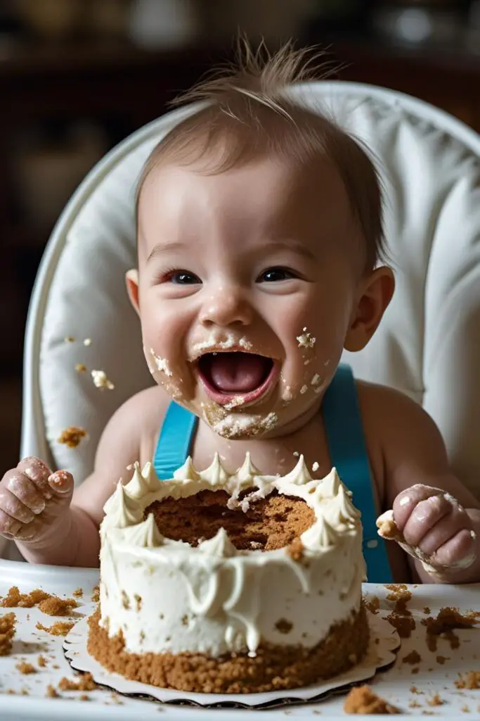  A happy baby covered in frosting, gleefully enjoying their homemade first birthday smash cake.