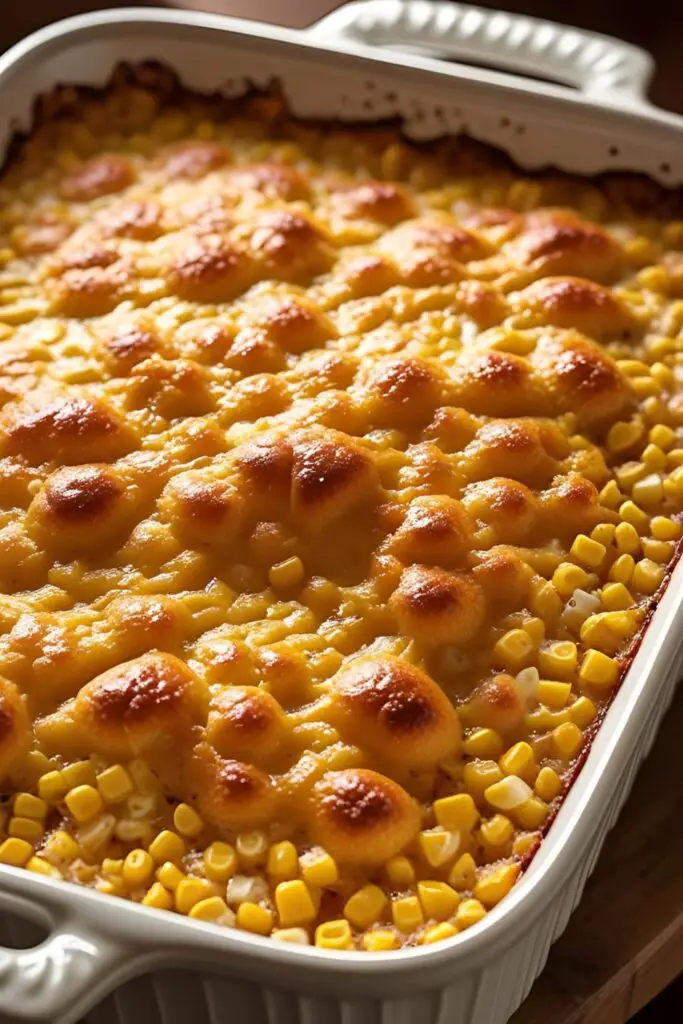 A close-up, detailed shot of a freshly baked corn casserole in a white ceramic dish, showing the golden-brown, cheesy top and fluffy texture.