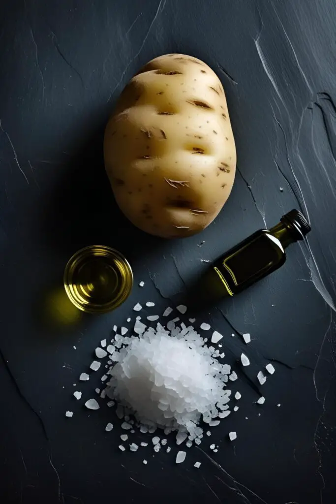 The essential ingredients for a perfect baked potato: a Russet potato, olive oil, and coarse sea salt.