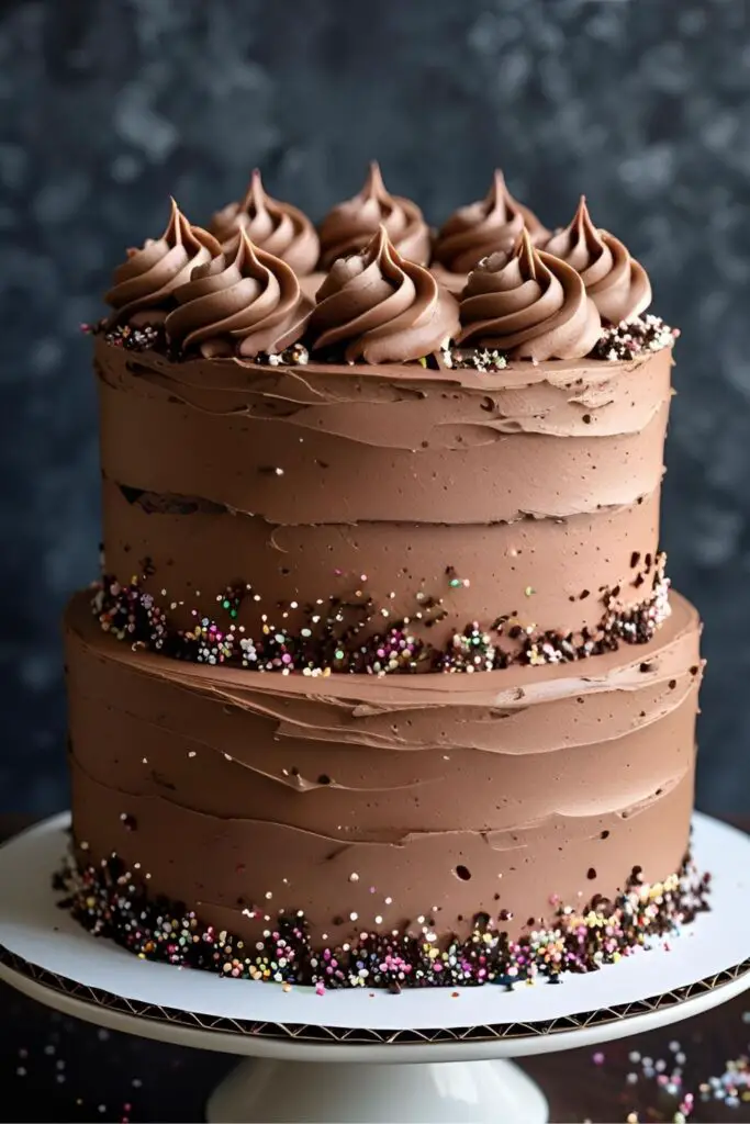 A full, beautifully frosted layer cake that looks like it's from a professional bakery, made using simple box cake mix hacks.