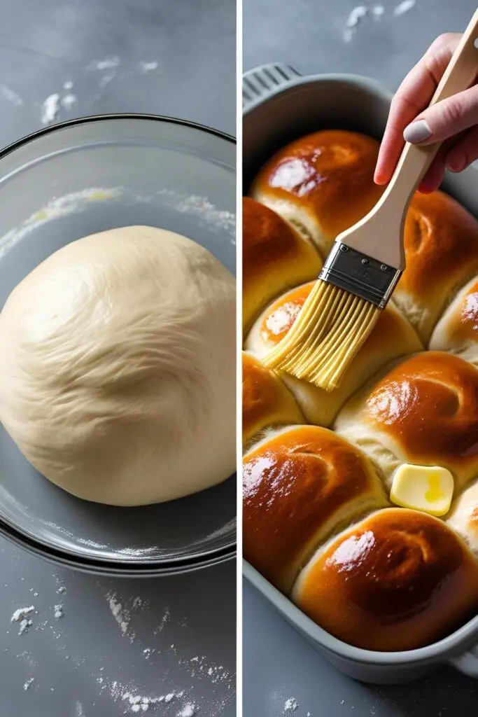  The process of making homemade buns, showing the risen dough and brushing the finished rolls with melted butter.