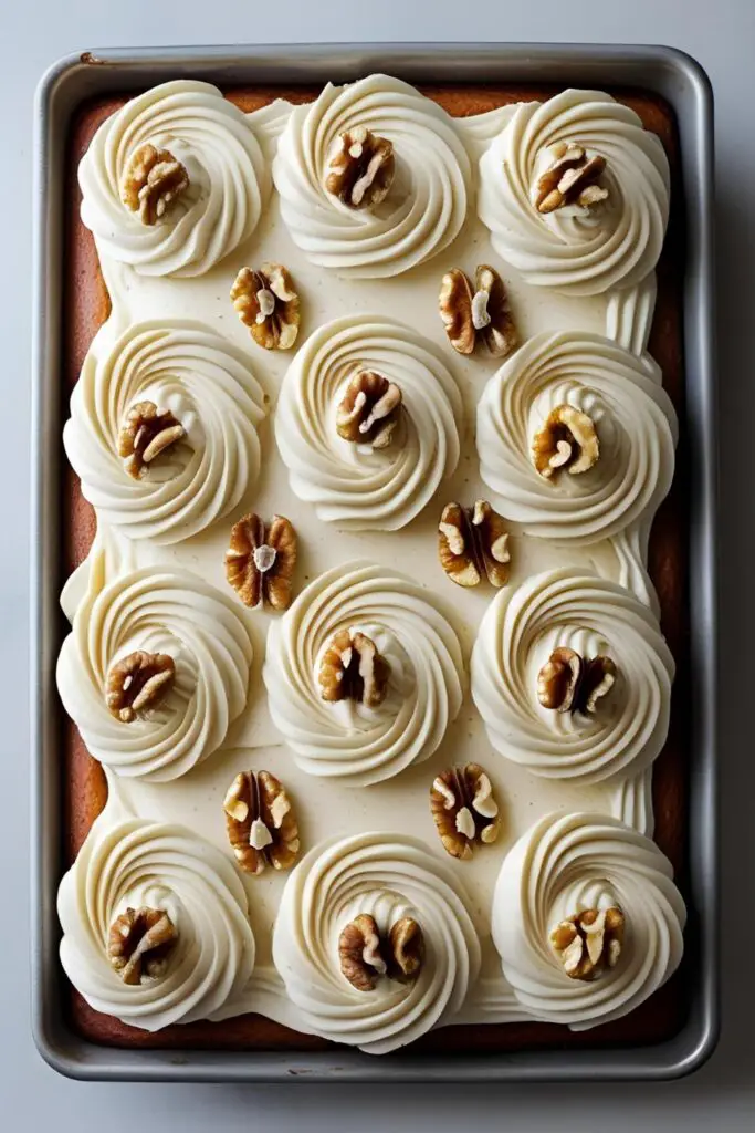 A full 9x13 inch banana sheet cake topped with rustic swirls of delicious cream cheese frosting.