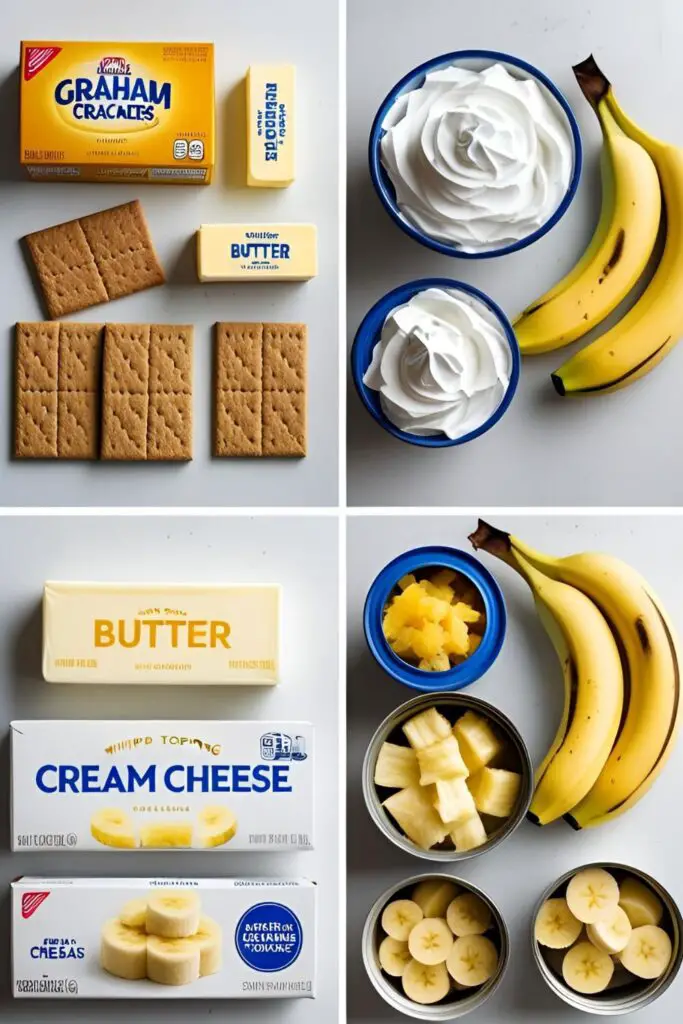 The simple ingredients needed to make a no-bake banana split cake: graham crackers, butter, cream cheese, bananas, and pineapple.