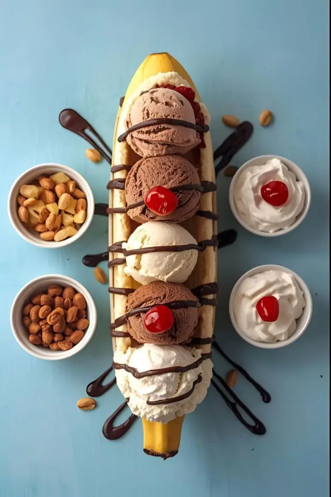 A bright flat lay of ingredients for a banana split: a split banana, scoops of chocolate, vanilla, and strawberry ice cream, various toppings, and a boat dish
