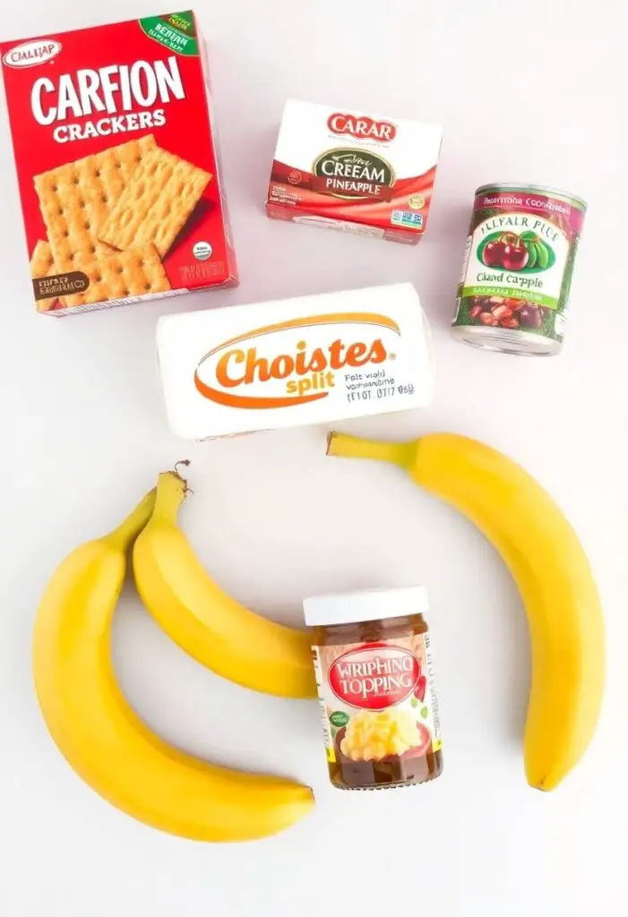 A colorful flat lay collage of ingredients for the banana split dessert: a box of graham crackers, a block of cream cheese, a can of crushed pineapple, fresh bananas, a tub of whipped topping, and a jar of maraschino cherries.
