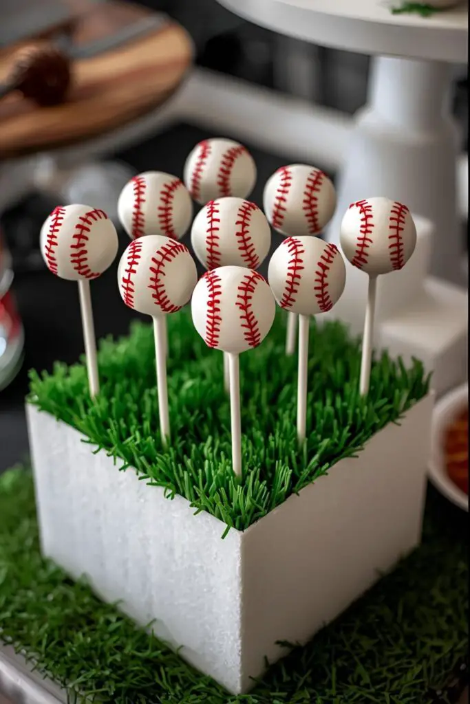 A close-up of a single perfect baseball cake pop next to a display of multiple cake pops in a stand.