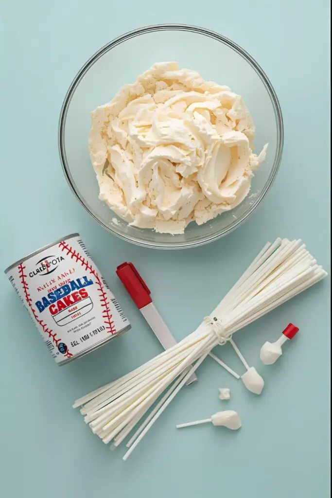 A flat lay of ingredients for making baseball cake pops, including a baked cake, frosting, and candy melts.