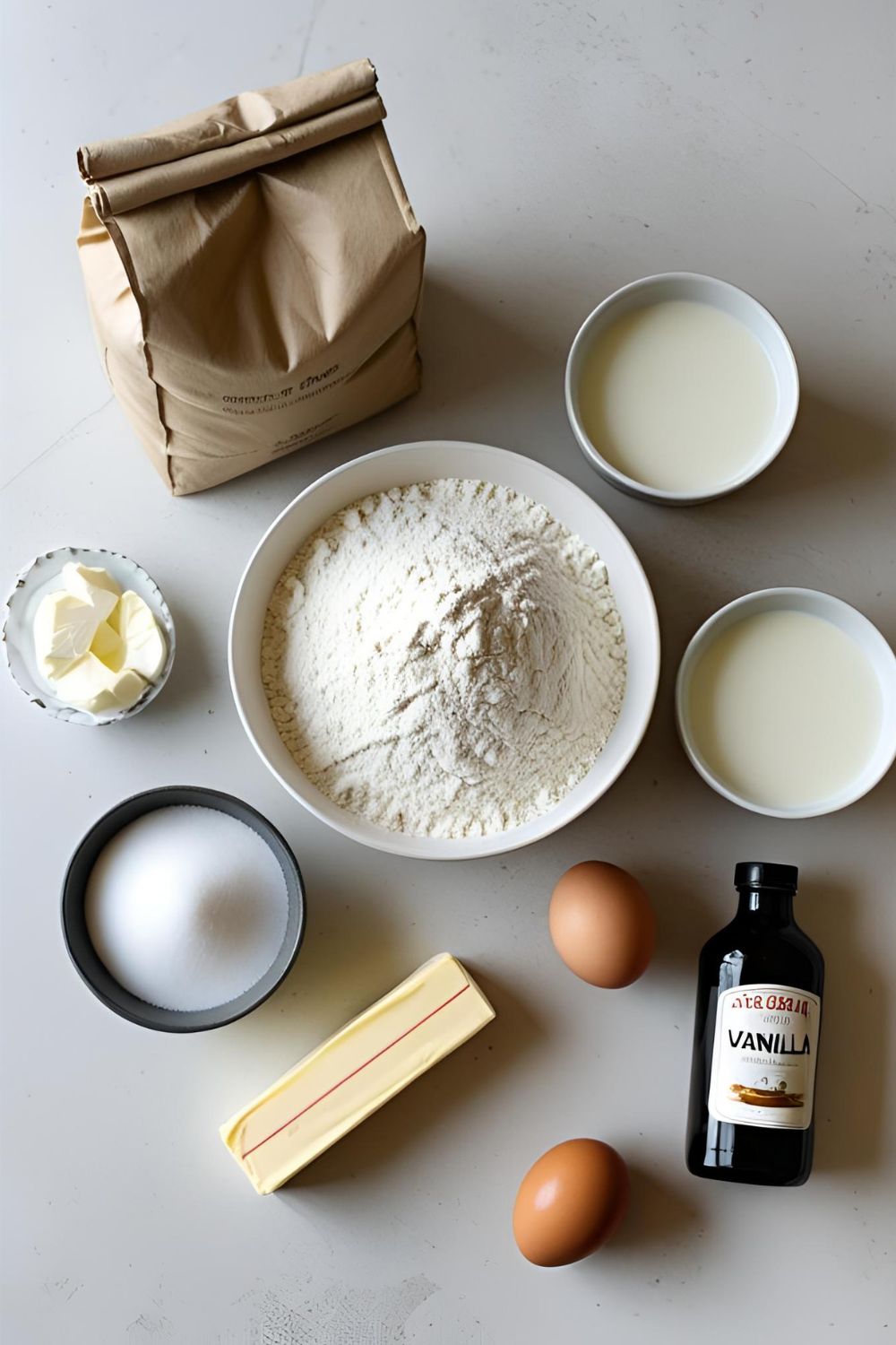 A beautiful two-layer vanilla cake on a stand, with a slice removed, demonstrating how to bake a cake from scratch.