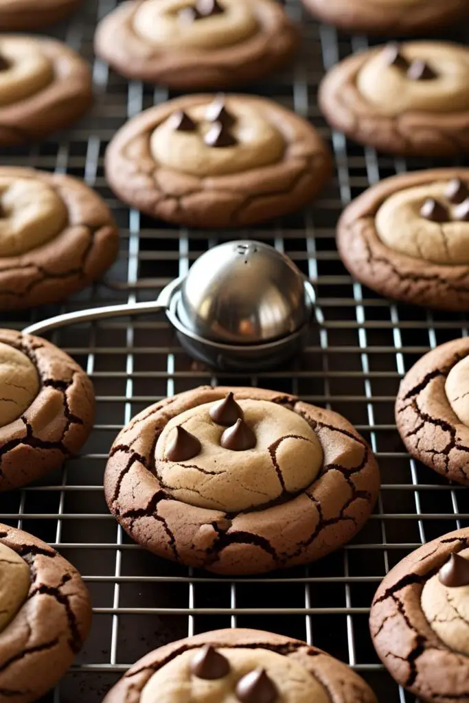  A full wire cooling rack covered with freshly baked, perfect brownie mix cookies.