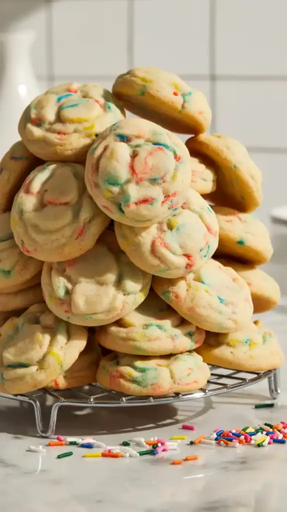 A full wire cooling rack covered with freshly baked, perfect Funfetti cake mix cookies with colorful sprinkles.